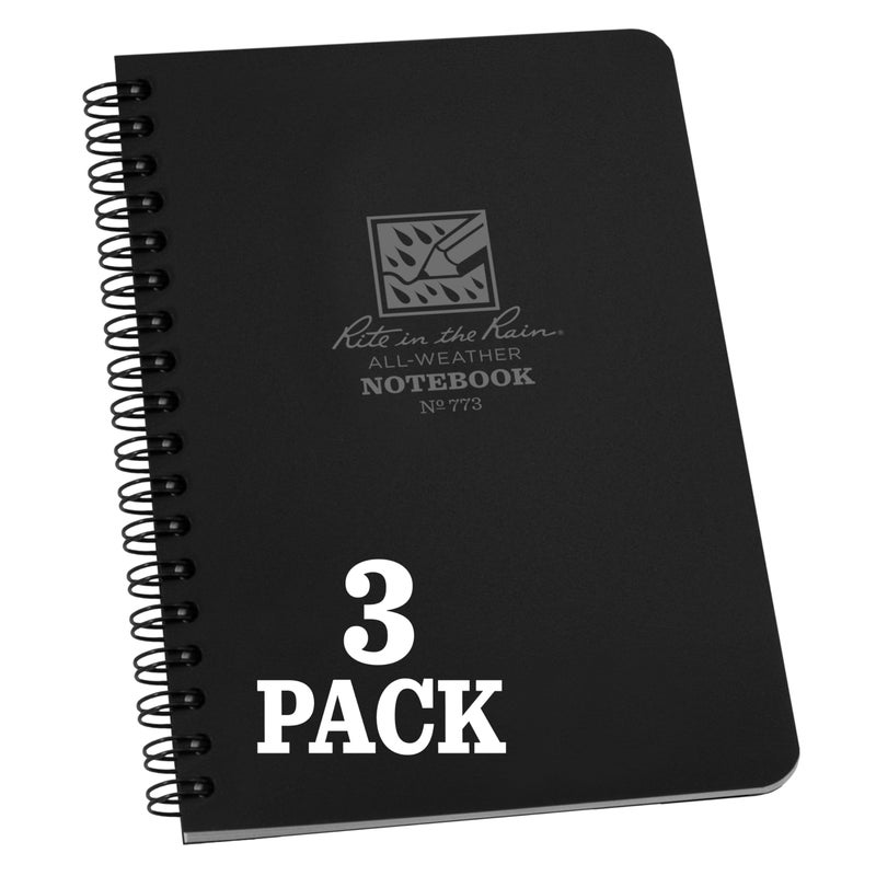 Rite In The Rain Weatherproof Side Spiral Notebook, 4.625" x 7", Black Cover, Universal Pattern, 3 Pack (No. 773L3) - Image 1